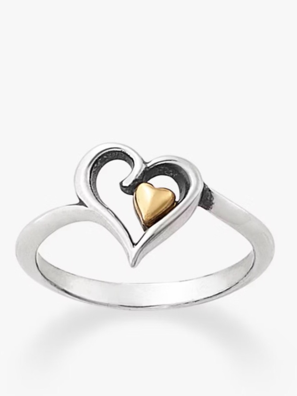 Silver heart outline ring with a small inner heart accent.